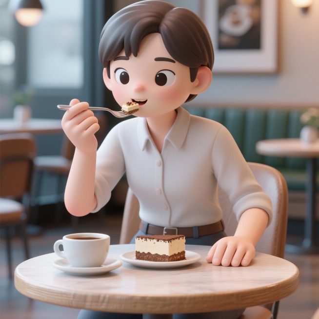 趣味3D插画风格，C4D渲染，OC渲染，Blender建模，柔软光线，马卡龙色系，泡泡玛特盲盒质感，光滑黏土材质，影棚打光，8k分辨率，超细节，一位中性气质的年轻青年，穿着简约休闲衬衫，身材匀称，坐在预览效果