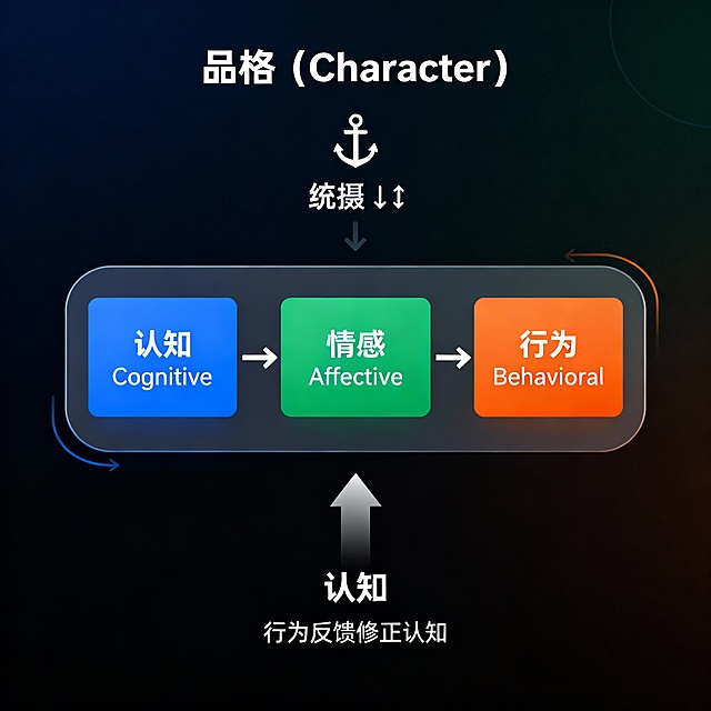 品格（Character）
         ⚓ 统摄 ↓↑
   ┌─────────────────┐
   │ 认知 ←→ 情感 ←→ 行为  │
   │ Cognitive │ Affective │ Behavioral │
   └─────────────────┘
         ↑___________│
     行为反馈修正认知