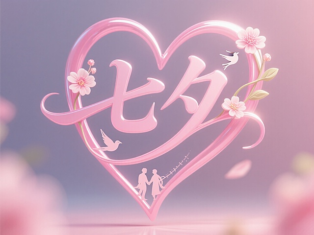 横向文字“七夕”线条流畅，飘逸手写艺术字，“七”跟“夕”拉扯连接，形成心形，自然，字体中某些笔画如可用花朵或者喜鹊或者牛郎织女剪影代替则可代替，整体要自然流畅一点，整体以粉色调为主。浓烈的浪漫七夕氛围感。