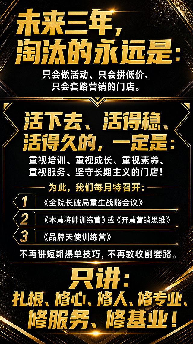 黑金高端招商海报，竖版9:16，纯文字排版，强烈画面层次感。深邃黑色渐变背景，金色线条与光效点缀，高端大气商务质感。画面分为多个层次区块，从上到下依次排布：顶部大标题区用超大金色粗体字写"未来三年，淘汰的永远是："，下方用稍小白色字写"只会做活动、只会拼低价、只会套路营销的门店。"；中间过渡区用金色分割线和装饰角标；中部核心区用金色大字体写"活下去、活得稳、活得久的，一定是："，下方白色字写"重视培训、重视成长、重视素养、重视服务、坚守长期主义的门店！"；再下方用金色小字写"为此，我们每月特召开："，然后是三个编号条目："1，《全院长破局重生战略会议》"、"2，《本慧将帅训练营》或《开慧营销思维》"、"3，《品牌天使训练营》"，每个条目用金色序号+白色文字，配金色线条装饰；再下方用白色字写"不再讲短期爆单技巧，不再教收割套路。"；底部用超大金色粗体字写"只讲：扎根、修心、修人、修专业、修服务、修基业！"。整体版式精美，文字排版有强烈的画面层次感和节奏感，黑金配色高端大气，商务招商风格，几何线条装饰，金色光效点缀，留白得当，文字清晰可读，无二维码，无人物，纯文字海报设计。
