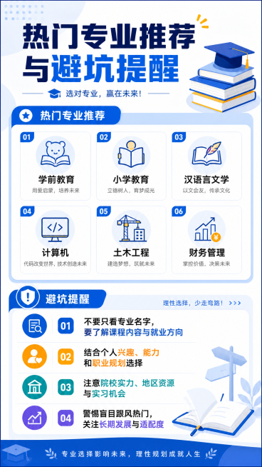 现代简约教育宣传海报，标题"热门专业推荐与避坑提醒"，列出热门专业推荐：学前教育、小学教育、汉语言文学、计算机、土木工程、财务管理，标出四个避坑提醒点，蓝色简约教育风格，排版清晰，统一整体设计风格预览效果
