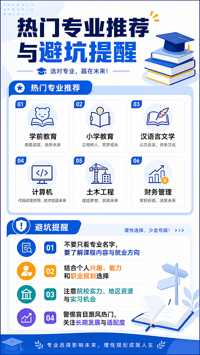 现代简约教育宣传海报，标题"热门专业推荐与避坑提醒"，列出热门专业推荐：学前教育、小学教育、汉语言文学、计算机、土木工程、财务管理，标出四个避坑提醒点，蓝色简约教育风格，排版清晰，统一整体设计风格
