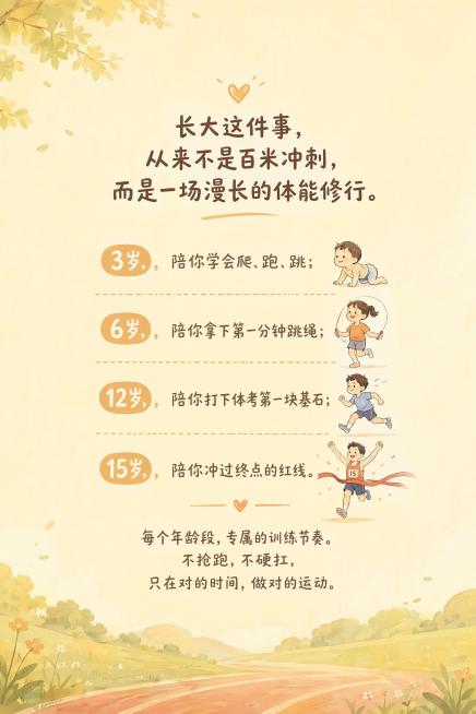 温馨手绘风格书籍封底设计，竖版2:3构图，暖色调浅背景，居中排版文字文案，文字内容："长大这件事，从来不是百米冲刺，而是一场漫长的体能修行。3岁，陪你学会爬、跑、跳；6岁，陪你拿下第一分钟跳绳；12岁预览效果