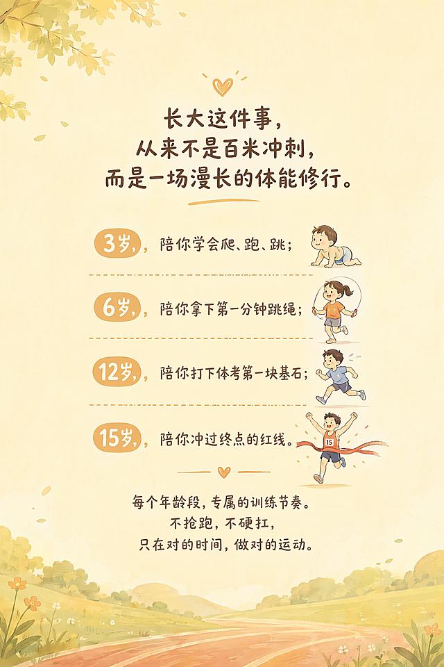 温馨手绘风格书籍封底设计，竖版2:3构图，暖色调浅背景，居中排版文字文案，文字内容："长大这件事，从来不是百米冲刺，而是一场漫长的体能修行。3岁，陪你学会爬、跑、跳；6岁，陪你拿下第一分钟跳绳；12岁，陪你打下体考第一块基石；15岁，陪你冲过终点的红线。每个年龄段，专属的训练节奏。不抢跑，不硬扛，只在对的时间，做对的运动。"，整体风格简约干净，文字清晰可读，与封面手绘暖色调风格统一