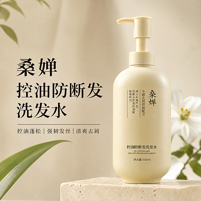 桑婵控油防断发洗发水，展示产品瓶身整体，主标题文案"桑婵控油防断发洗发水"，1:1构图，清新简约风格，专业可靠调性，适合淘宝主图，米色柔和背景，突出产品高级质感