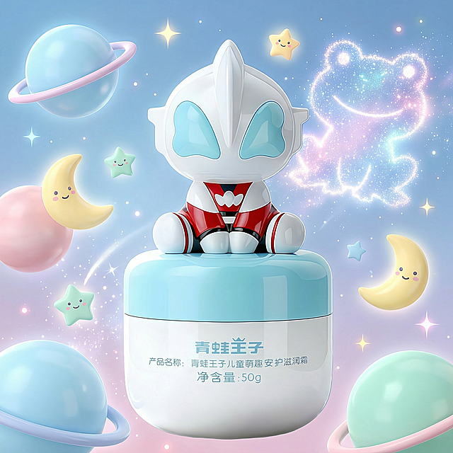 「图片1」一个充满魔力且可爱的宇宙背景，点缀着淡雅色调的行星（婴儿蓝、柔和粉红、薄荷绿）、微笑的新月和闪烁的友好星星。一个形似青蛙轮廓的闪闪发光的星云增添了奇幻色彩。整个场景明亮、整洁，充满惊奇感，非常适合儿童。中央留有充足的空间用于产品展示。柔和的宇宙光芒，3D渲染，商业插画风格，超高清，高细节，在ArtStation上备受关注