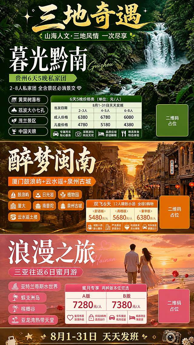 一张竖版9:16的三地旅游合集宣传海报，采用现代创意拼贴风格，画面从上到下分为三个独立区块，每个区块代表一个省份，色彩和风格明显区分，互不混杂。

顶部区块（贵州）：深绿色森林瀑布背景，翠绿色调，标题大字"暮光黔南"，副标题"贵州6天5晚私家团"，下方列出景点标签：黄果树瀑布、荔波大小七孔、茂兰景区、中国天眼，价格表格显示成人6380/6780/6080元 儿童4780/5180/4380元，标注"2-8人私家团 全含景区必消景交"

中部区块（福建）：暖金色闽南古街夕阳背景，橙黄色调，标题大字"醉梦闽南"，副标题"厦门鼓浪屿+云水谣+泉州古城"，下方列出景点标签：鼓浪屿、日光岩、植物园、厦大、南普陀、泉州古城、云水谣土楼，价格显示双飞6天5480/5680/6380元，标注"12人精致小团 全程0购物"

底部区块（海南）：暖橙色海边日落浪漫背景，粉橙色调，标题大字"浪漫之旅"，副标题"三亚往返6日蜜月游"，下方列出景点标签：亚特兰蒂斯水世界、蜈支洲岛、槟榔谷、亚龙湾热带天堂，价格显示A版7280元 B版7380元，标注"蜜月布置 纯玩0购物"

三个区块之间用细金线或渐变过渡带分隔，顶部有总标题"三地奇遇"，底部统一标注"8月1-31日 天天发班"，整体版式精美，信息层次分明，每个地区有独立的色彩体系和视觉氛围，画面中所有数字必须精确渲染，不得错位遗漏。

画面中所有信息区域、套餐卡片、价格表格、权益列表必须填充完整合理的内容，不得出现空白框或空单元格。画面中所有二维码区域使用纯色方块占位符呈现，方块中央标注"二维码占位"文字，严禁生成任何可识别的二维码图案。