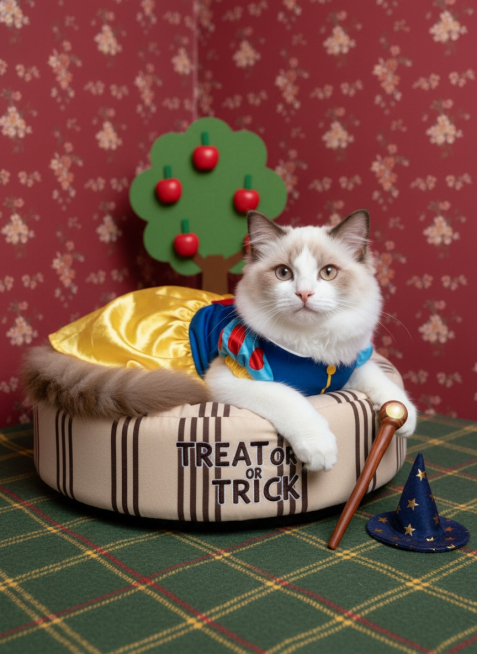 猫咪身着白雪公主的服装，慵懒窝在印有 “TREAT OR TRICK” 标识的毛绒猫窝里，深红碎花墙面背景，搭配苹果树、苹果，格兰芬多配色（红金黄）的格纹地毯，旁置巫师杖、巫师帽等道具预览效果