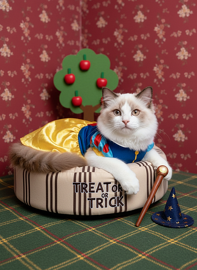 猫咪身着白雪公主的服装，慵懒窝在印有 “TREAT OR TRICK” 标识的毛绒猫窝里，深红碎花墙面背景，搭配苹果树、苹果，格兰芬多配色（红金黄）的格纹地毯，旁置巫师杖、巫师帽等道具