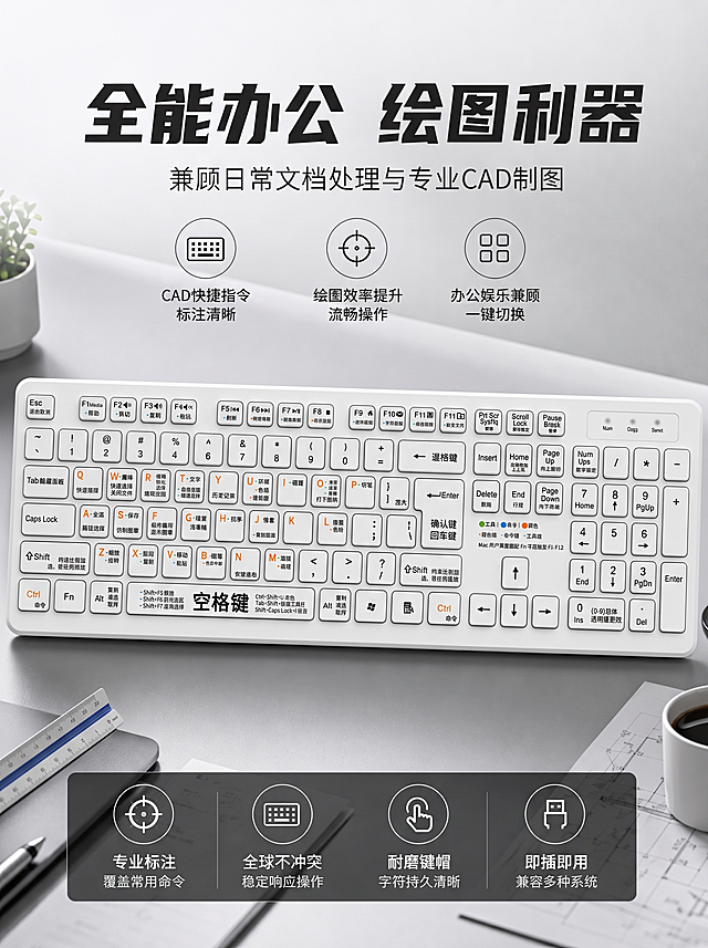 将图一的键盘换成图二的键盘，键盘是薄膜键盘，按键扁平，8K超清晰，超高分辨率，文字内容改为关于PS的，比例为3：4