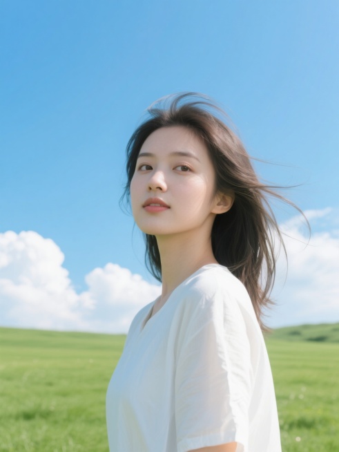 写实风格全身人像，晴朗的蓝天与蓬松白云背景，开阔的绿色草地场景，柔和的自然光从斜上方照射，人物发丝被风吹起呈现自然飘逸感，光影过渡细腻柔和，色彩明亮清新，主色调为白色、绿色与蓝色的和谐搭配，整体氛围轻松愉悦，具有高度的细节质感和真实的皮肤纹理表现。预览效果