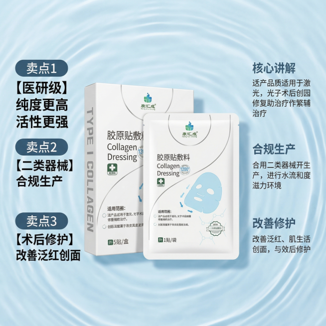 [主图 4] 产品核心卖点信息展示主图，专业医美合规风格。商业摄影质感、光线柔和通透、产品清晰真实、画面干净高级。产品放置画面中心，左右分栏布局，左侧三个竖排卖点标签，右侧对应核心说明，背景延续浅冰蓝预览效果