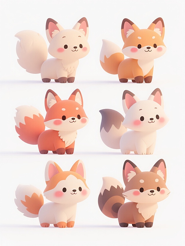 6只不同样式、不同种类、不同外观的可爱狐狸，保持Q版动漫风格，圆润可爱的造型，大大的耳朵，蓬松的尾巴，温暖柔和的渐变色彩，细腻的线条勾勒，柔和的阴影处理，明亮的高光点缀，脸颊带有红晕，表情生动多样，白色背景，整齐排列成一行或两行，每个狐狸姿态各异，细节丰富，整体视觉统一和谐，充满治愈感。