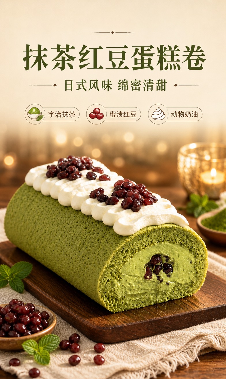 [商品] 使用【图1】抹茶红豆蛋糕卷；保留抹茶绿色戚风蛋糕体、… - 图片创意预览