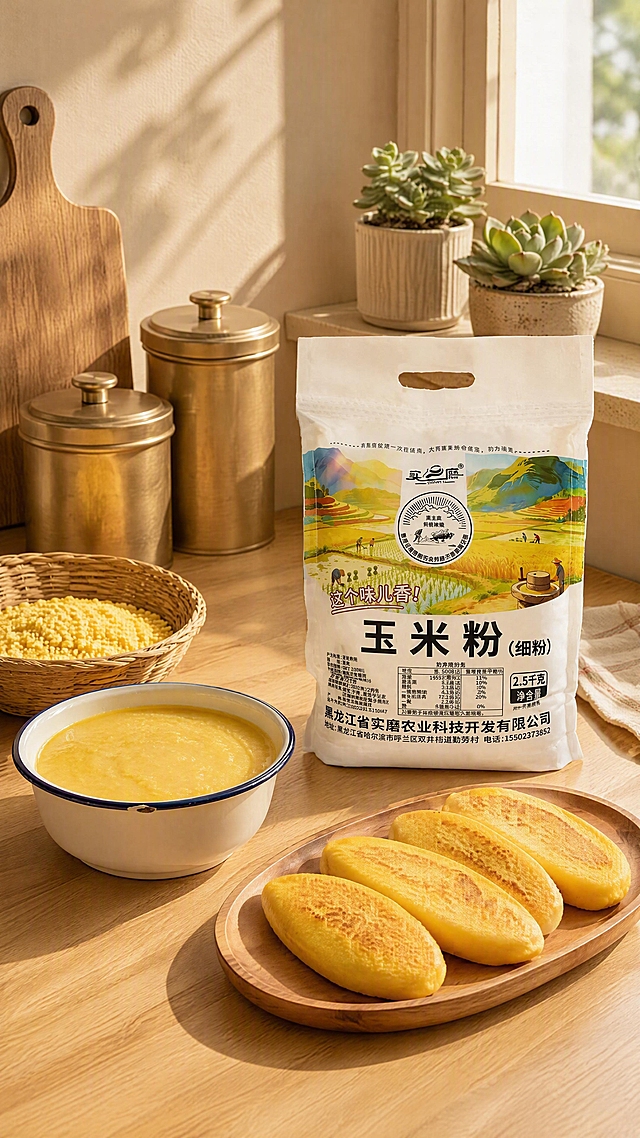 玉米粉包装袋，严格参照上传产品图，完整保留所有可见组件、部件、轮廓形状、结构、比例、材质质感、颜色与产品本体上的文字信息（logo/型号/规格/参数/浮雕/刻度等），与上传图完全一致；自然融入场景光影，与场景共处同一物理空间。
室内家居早餐餐桌场景，暖黄奶咖色调，玉米面粥配玉米饼的早餐组合场景。
清晨暖光从左侧窗户斜入（还原参考图光影方向），产品受光面泛起奶黄色、暗部映射木桌浅棕光晕，与环境物理融合。产品位于画面中下部偏右，中景构图，完整不裁切。
微侧20°平视视角。
全量换款清单：①承载面：参考图木质桌面 → 生成图白橡木实木桌面（同实木大类，换木种颜色）；②粥碗：参考图陶瓷碗 → 生成图搪瓷碗（同碗具大类，换材质）；③饼盘：参考图白盘 → 生成图木质餐盘（同盘具大类，换材质）；④玉米饼：参考图圆形玉米饼 → 生成图椭圆形玉米饼（同玉米面饼大类，换造型）；⑤玉米：参考图玉米段 → 生成图玉米碎（同玉米，换形态）；⑥背景罐：参考图玻璃罐 → 生成图金属罐（同储物罐大类，换材质）；⑦绿植：参考图背景绿植 → 生成图窗台多肉（同绿植大类，换品类）。
消除产品本体之外的所有卖点文字、水印、价格、排版角标、装饰边框等营销信息。
4K分辨率，严格锁定宽高比为9:16。