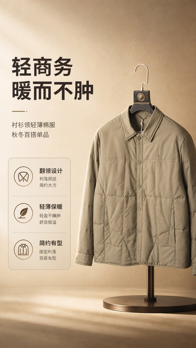 [商品] 使用【图1】卡其色衬衫领轻薄棉服夹克，保留翻领、单排… - 图片创意预览
