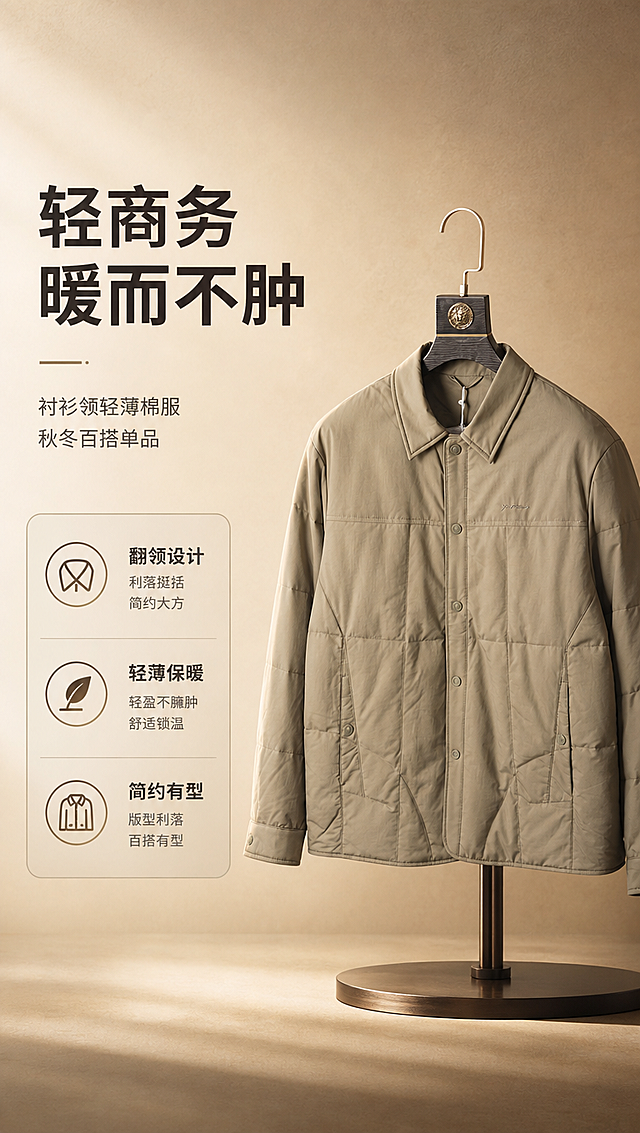 [商品] 使用【图1】卡其色衬衫领轻薄棉服夹克，保留翻领、单排扣、插袋、绗缝、卡其色和版型，自然去皱增强质感。
[画面] 风格头图海报，左文右图竖版布局，产品挂于衣架在右侧展示，占画面55%，暖调浅咖色渐变背景，高级商业摄影感。
[视觉] 套系策略：风格=都市轻商务高级商业摄影；标题字=现代无衬线粗体；正文字=简洁无衬线体；主色=卡其棕；背景延展=卡其棕深浅渐变纸张质感；强调色=深棕褐；标题色=深炭灰；正文色=中暖灰；组件=圆角信息卡细线；光影=左前侧暖柔光。
[文字] 主标题「轻商务 暖而不肿」，副标题「衬衫领轻薄棉服 秋冬百搭单品」，3个卖点：翻领设计 / 轻薄保暖 / 简约有型；左侧横向排版。
[规格] 9:16竖版，4K，负向：变形、错字、颜色改变、版型失真、冷蓝背景、白底。