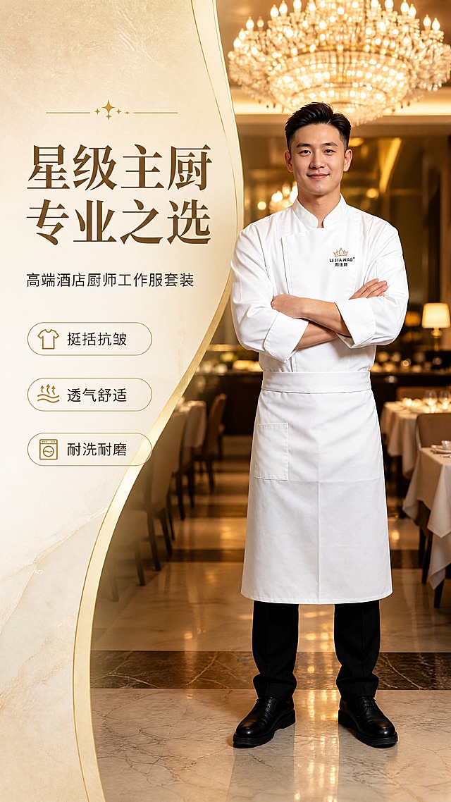 [商品] 使用【图1】白色长袖厨师工作服+白色围裙套装；商品处理：保留立领、胸前皇冠刺绣Logo、七分袖、围裙口袋、围裙绑带、整体白色、面料挺括质感；自然理顺衣身褶皱，增强缝线、刺绣、面料纹理清晰度，不改变版型和结构。
[画面] 目标：高端风格头图海报，突出专业厨师形象与产品整体版型；构图：左文右图，右侧厨师全身站立为视觉主体，占画面65%，左侧留白放标题；景别：全身；场景：高端酒店餐厅大堂，水晶吊灯暖光，背景虚化餐桌餐椅，营造轻奢酒店氛围；阅读动线：左上标题→右侧人物主体→底部氛围装饰。
[视觉] 套系策略：风格=高端酒店轻奢商业摄影；标题字=现代衬线粗体；正文字=简洁无衬线体；主色=米白金；背景延展=基于米白金做深浅层级、暖金渐变和大理石/织物质感；强调色=暖金色，仅用于小面积图标、引线和装饰标签；标题色=深棕金；正文色=暖灰棕；组件=圆角金边信息卡、细线引线、金色装饰线；光影=前侧暖柔光，背景水晶灯营造星芒光斑。
[文字] 左上主标题「星级主厨 专业之选」，副标题「高端酒店厨师工作服套装」，下方3个短卖点：挺括抗皱 / 透气舒适 / 耐洗耐磨；文字不遮挡人物主体，横向排版，层级清晰。
[规格] 图片比例9:16竖版，4K分辨率，负向提示：避免变形、错字、文字过小、冷蓝背景、衣服颜色改变、版型失真、水印、二维码。