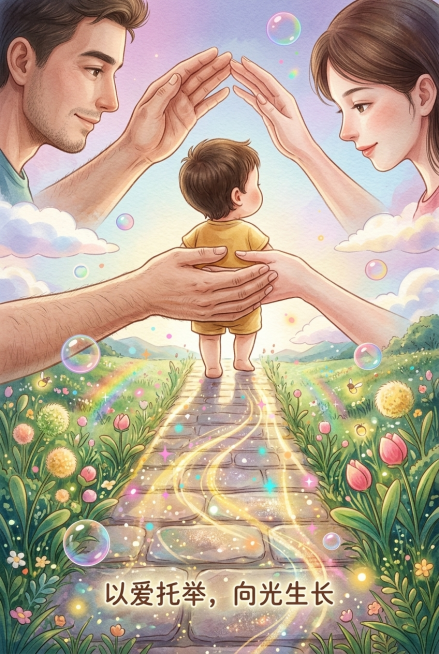 竖版2:3比例，治愈童话写实绘本风格，高清8K，超精细细节，超高色彩饱和度，光影写实渲染。画面中心是父母双向托举孩童的治愈场景：左侧父亲温柔沉稳半张侧脸与宽厚大手，右侧母亲温柔恬静半张侧脸与纤细大手，预览效果