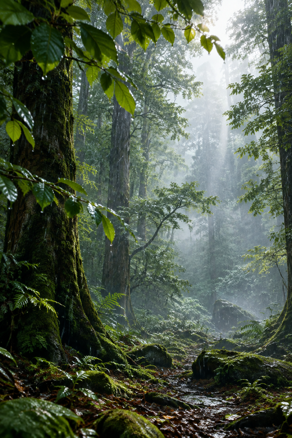 雨中森林，茂密的参天大树，层层叠叠的绿色树叶，细密的雨丝从天空… - 图片创意预览