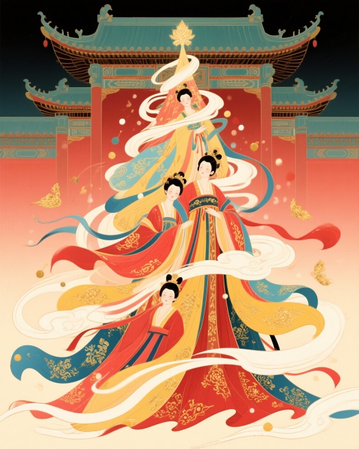 唐代风格，汉服传统服饰垒成的圣诞树，突出衣物的飘逸感预览效果