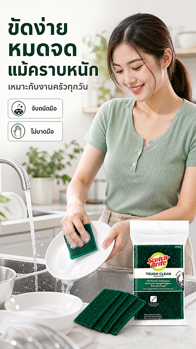 [商品] 使用【图1】绿色 Scotch-Brite TOUGH CLEAN 百洁布；保留结构、双层配色与包装文字原样，不翻译、不替换、不改写；商品处理：手持的百洁布在洗碗动作中自然弯折，水面泡沫与接触阴影真实，产品与人体比例正确。
[画面] 页面目标：真人使用效果；东南亚/泰国成人（30 岁上下，居家休闲装）站在泰国现代厨房水槽前，双手持百洁布擦拭白色餐盘，水龙头细水流、泡沫与飞溅水珠入镜，面部自然微笑；产品清晰同框占画面约 45%；半身景别（腰部以上），人物位于画面中右侧，左侧留文案区；阅读动线由标题到人物到水槽动作；前景水槽与碗碟，中景人物与产品，后景虚化橱柜与绿植。
[视觉] 套系策略：风格=跨境清洁日用清新商业摄影，真实客观、极简、少装饰；标题字=泰语粗黑无衬线体；正文字=泰语常规无衬线体；主色=深绿；背景延展=基于深绿与浅薄荷白做同色深浅渐变、明暗层级、清水与皂泡细腻质感；强调色=明黄绿，仅用于小面积图标、引线、标签、局部光效；标题色=深墨绿；正文色=中性深灰；组件=圆角浅底信息卡、细线引线、圆形编号徽章、虚线步骤条；光影=明亮均匀的厨房顶部柔光加微弱前侧补光。
[文字] 左侧上方泰语主标题 "ขัดง่าย หมดจด แม้คราบหนัก"，副标题 "เหมาะกับงานครัวทุกวัน"，下方两个短卖点 "จับถนัดมือ"、"ไม่บาดมือ"；全部文字横向排版，禁止竖排、旋转、斜排，不遮挡人物与产品。
[规格] 9:16 竖版，4K，负向提示：避免欧美面孔、变形的手指、多手、扭曲肢体、错字、水印、价格信息、绝对化用语、冷灰白单调背景、产品颜色改变。
