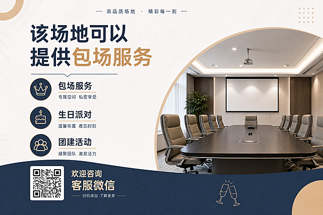 保持原有海报所有文案、排版和整体简约轻奢风格不变，将左下角的客服二维码替换为新的二维码，将右侧圆形区域内的场地背景图替换为正规商务会议室图片，整体尺寸为60x40cm