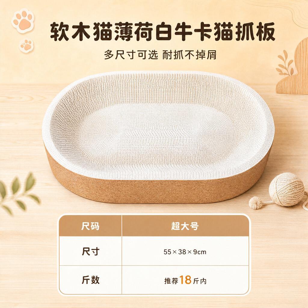 参考图中的软木猫薄荷白牛卡猫抓板产品图，保持产品外观、暖黄色背… - 图片创意预览