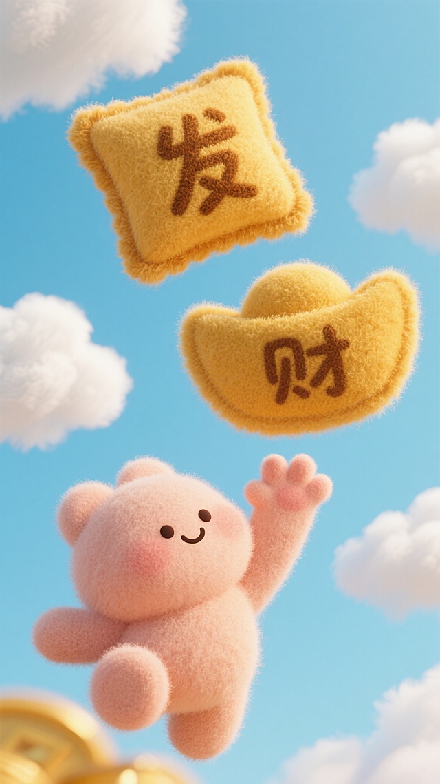 软3D风格的毛绒小熊在蓝天白云间跃动，搭配“发财”金锭与福字抱枕，毛发生长质感与面料纹理交织，营造出梦幻可爱的春节喜庆氛围。