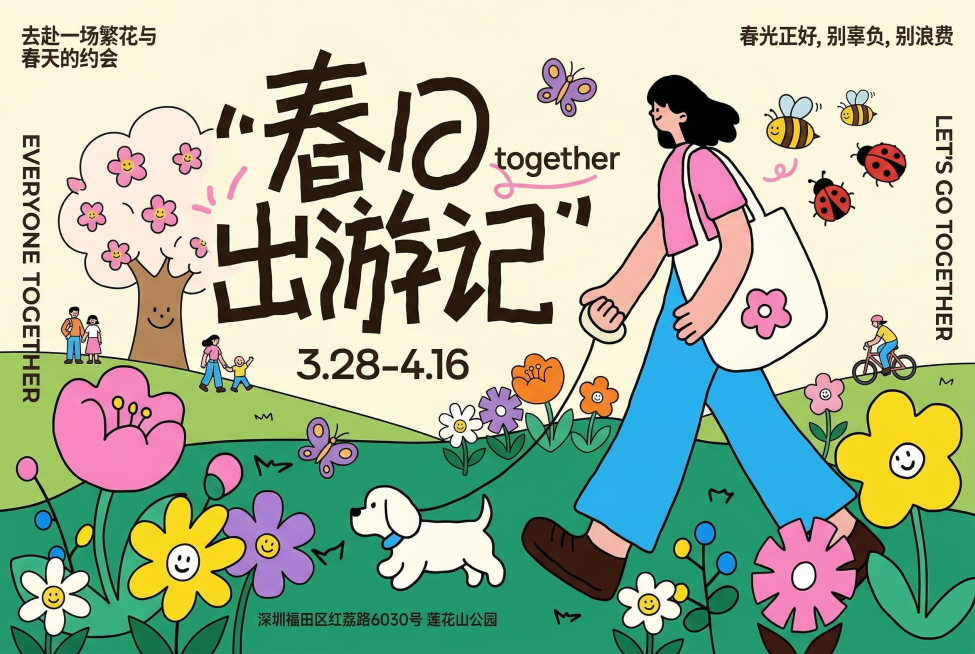 和参考图风格一致，扁平描边插画，春日出游相关主题，画面活泼明亮预览效果