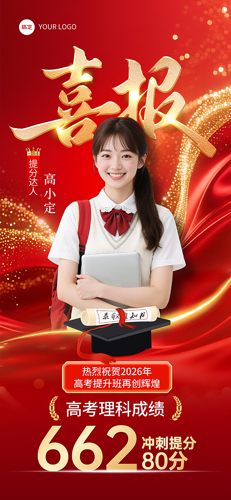 高考录取个人喜报红色喜庆感全屏竖版海报