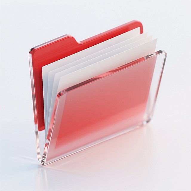 图标设计：一个向上打开的文件夹，等轴侧视角，红色，里面是白色的纸张。白色背景