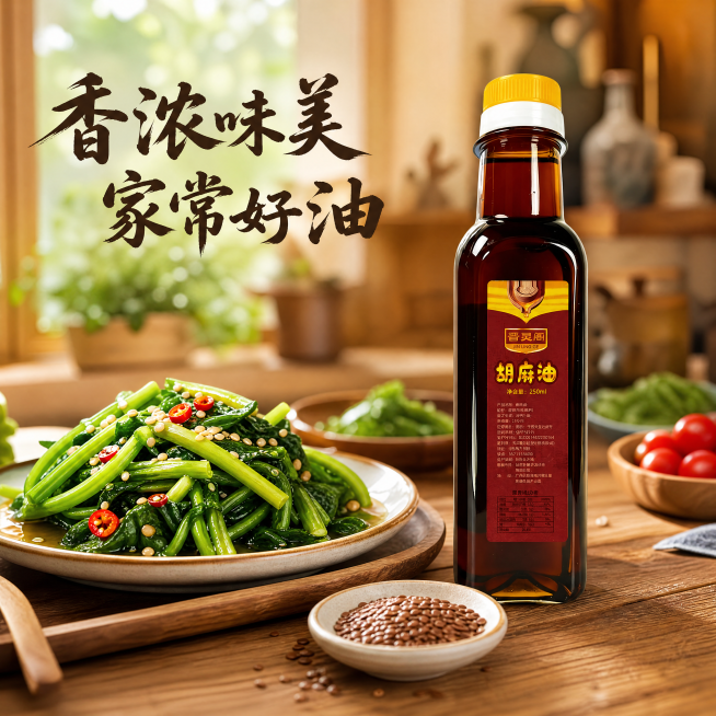 [主图-4] 餐桌美食搭配场景主图，展示食用效果。
[氛围风格] 家常美食场景，诱人食欲，增强代入感；
[画质] 商业摄影质感、光线柔和通透、产品清晰真实、画面干净高级。
[元素] 胡麻油瓶放在木质餐预览效果