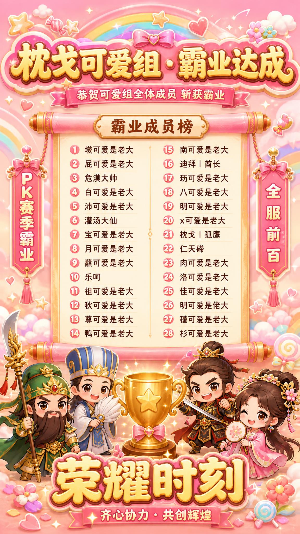 三国志战略版枕戈可爱组霸业名单表彰海报，Q版国风可爱风格，粉橙… - 图片创意预览
