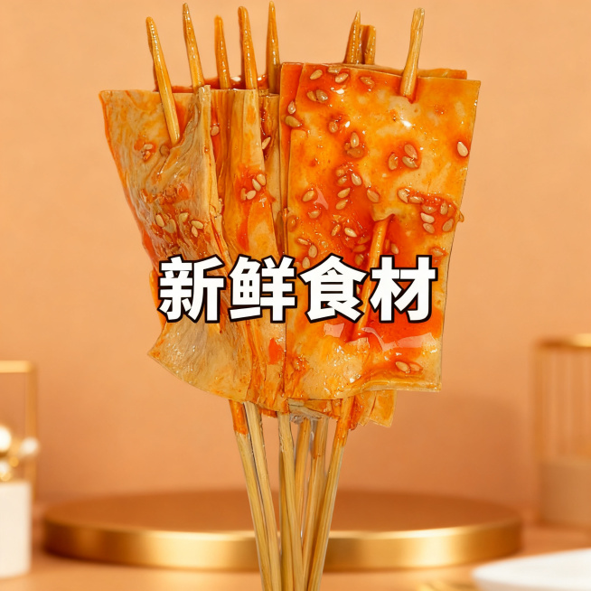 油皮串，添加卖点文字“新鲜食材”，淡棕色高级食欲场景，适配淘宝天猫平台，整体风格高级有食欲，1:1比例预览效果
