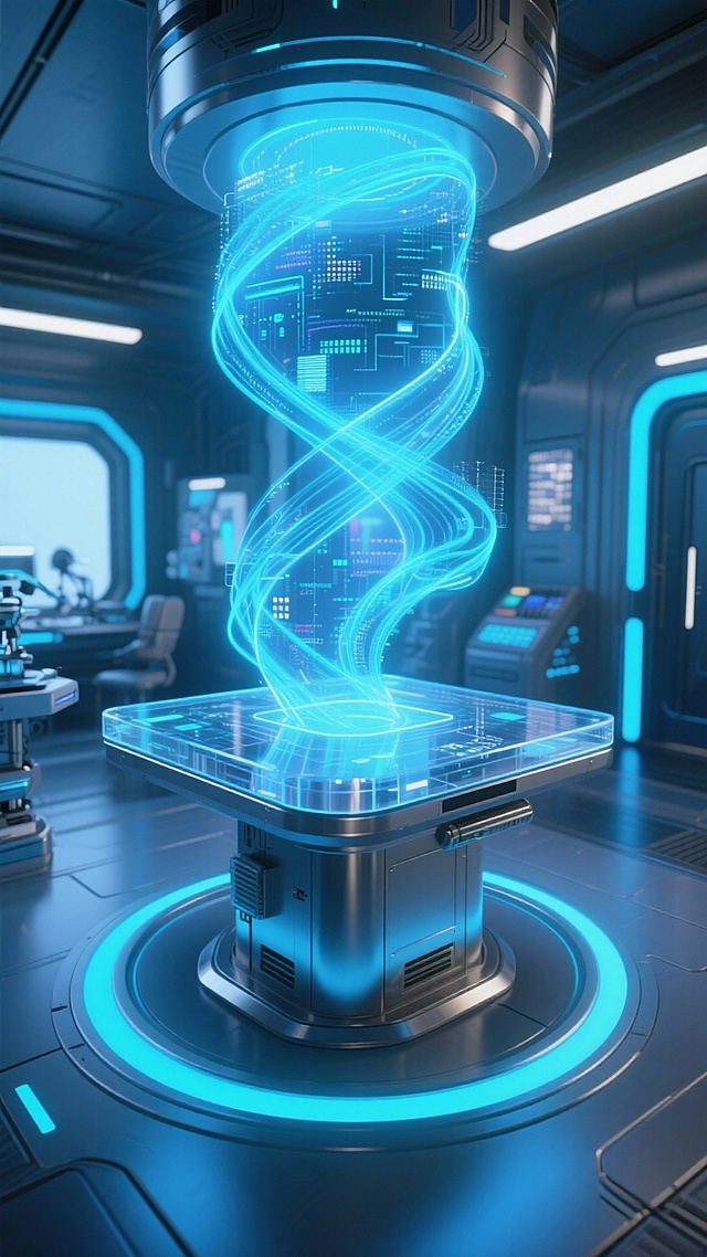 未来实验室场景，特写透明科技台，蓝色科技灯光环绕，有全息数据流，金属哑光质感