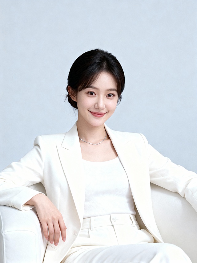 大气白色西装坐姿女士形象照