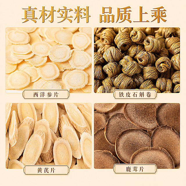 给主图增加产品营销词，突出西洋参、铁皮石斛、黄芪、鹿茸的送礼卖点，「图片1」「图片1」「图片1」「图片1」强调道地滋补，面对团购、社群、微商、实体店等支持一件代发