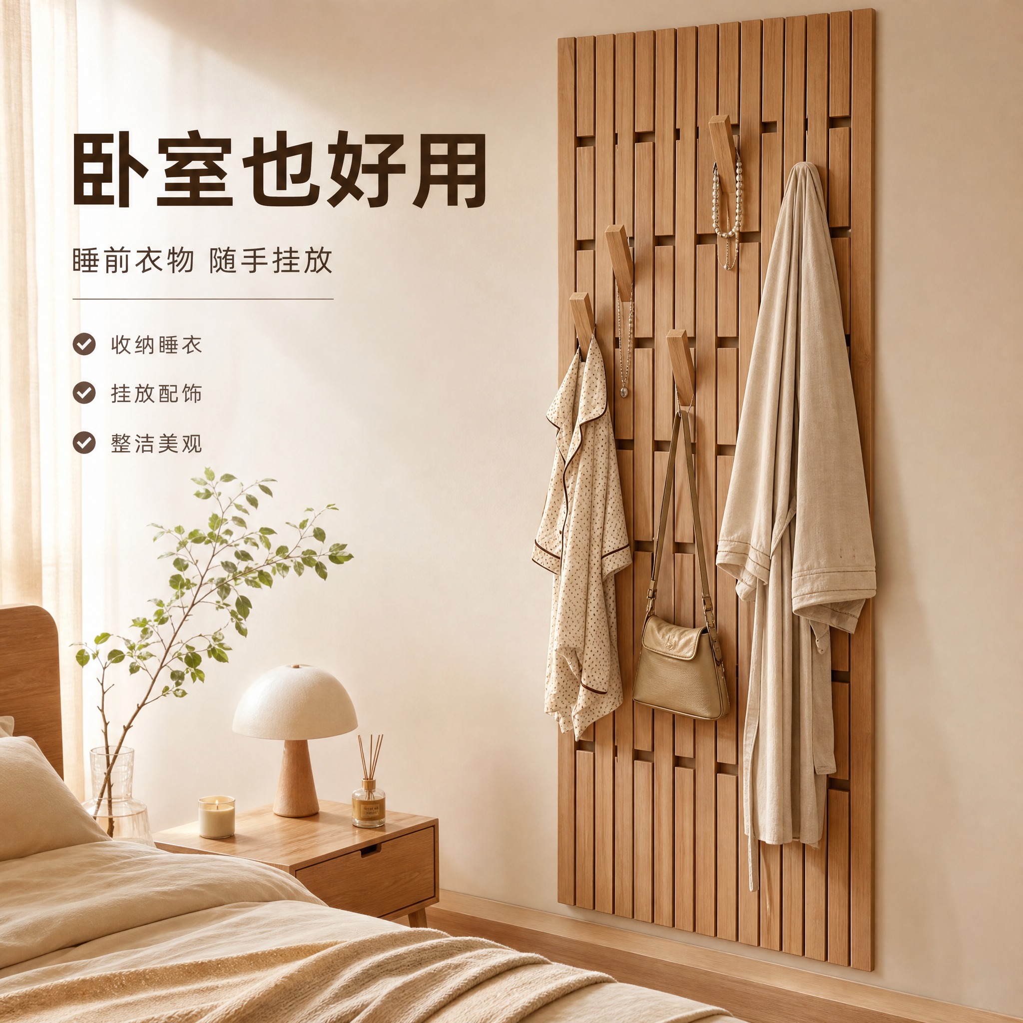 [主图-7] 卧室场景应用主图，展示钢琴键挂衣架在卧室空间的使… - 图片创意预览