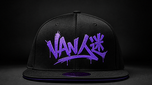 设计hiphop风格鸭嘴帽，正面印有紫色街头涂鸦风格的'VAN人迷'logo，街头嘻哈潮流风格，实物展示，2k高清精度