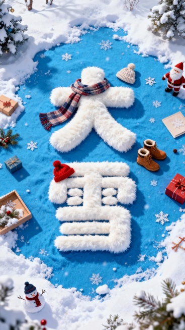 画面中央是是一个由毛绒材质构成的白色的“大雪”字造型，上面搭配着围巾、帽子、靴子，冬日节日元素环绕在附近，画面自上而下，字体躺倒在蓝色的雪地面上，周围元素均衡干净，背景是蓝色雪景，色彩鲜艳。预览效果