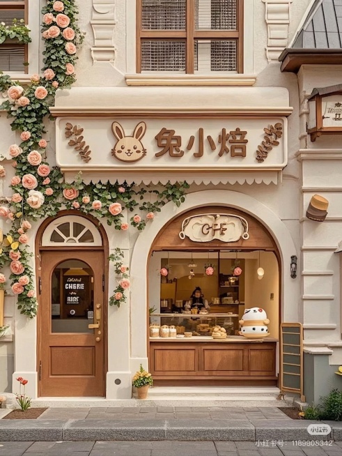 将门头招牌上的店名修改为“兔小焙”，并在文字左侧添加一个可爱风格的兔子头logo，保持原有木质立体字体风格和整体设计不变，其余场景内容保持原样预览效果
