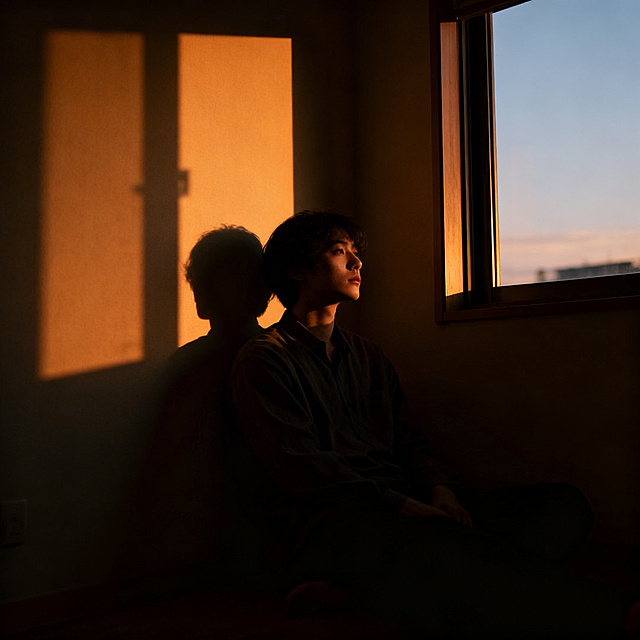 傍晚的窗边，一个人安静坐着，偏低的暖调夕阳光线斜照进房间，整个空间笼罩在柔和昏暗的氛围里，氛围感安静孤独，带着傍晚独有的松弛沉静感