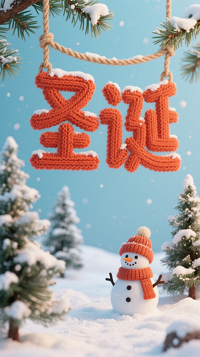 软3D风针织“圣诞”字悬挂雪景，毛发生长质感与面料纹理交织，搭配可爱雪人，营造温馨喜庆的节日氛围。