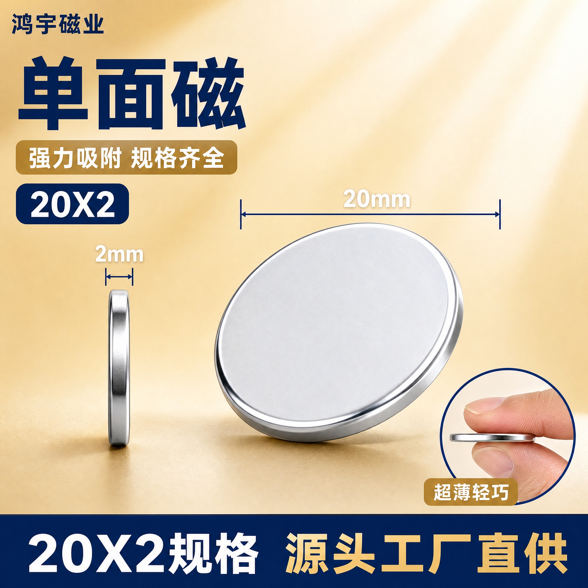 [主图-1] 单面磁 尺寸规格图，20X2圆形磁铁尺寸参数展示… - 图片创意预览