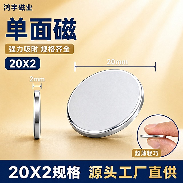 [主图-1] 单面磁 尺寸规格图，20X2圆形磁铁尺寸参数展示。
[统一基调] 蓝金工业品质风格，米金色渐变背景，深蓝色主标题，浅金色辅助标签，白色说明文字，粗黑体字体，整体专业可信的源头工厂质感。左上角用文字写"鸿宇磁业"，不加任何图形logo。
[画面] 画面中心偏右位置放置圆形单面磁铁片产品特写，圆形银色磁铁片，单面有磁，产品清晰展示金属质感和超薄厚度。左侧和上方用精准尺寸标注线标出尺寸：直径20mm、厚度2mm，尺寸线用深蓝色细线配合白色数字标注，注明"单面磁 20X2"。右下角放一个手指捏着磁铁的超薄对比示意，展示轻薄特点。左上角文字"鸿宇磁业"。
[光影质感] 商业摄影质感，柔和均匀布光，金属磁铁表面有细腻反光和高光边缘，超薄侧面清晰可见，产品底部有轻微接触阴影，整体干净利落。
[配色] 背景为米金色到浅米色的渐变，主标题深蓝色，尺寸标注线和数字为深蓝色，辅助标签用浅金色底白字，产品保持原图的银色金属质感。
[文字版式] 顶部左侧深蓝色粗体大字写"单面磁"，下方小字写"强力吸附 规格齐全"，尺寸数字用白色清晰标注在尺寸线旁，底部有一条深蓝色信息条写"20X2规格 源头工厂直供"，字体统一为现代粗黑体，文字清晰不遮挡产品主体。
[输出要求] 1:1正方形比例，2K分辨率，产品清晰锐利，文字清晰可读，画面干净专业，无变形、错字、模糊、水印、平台Logo。
