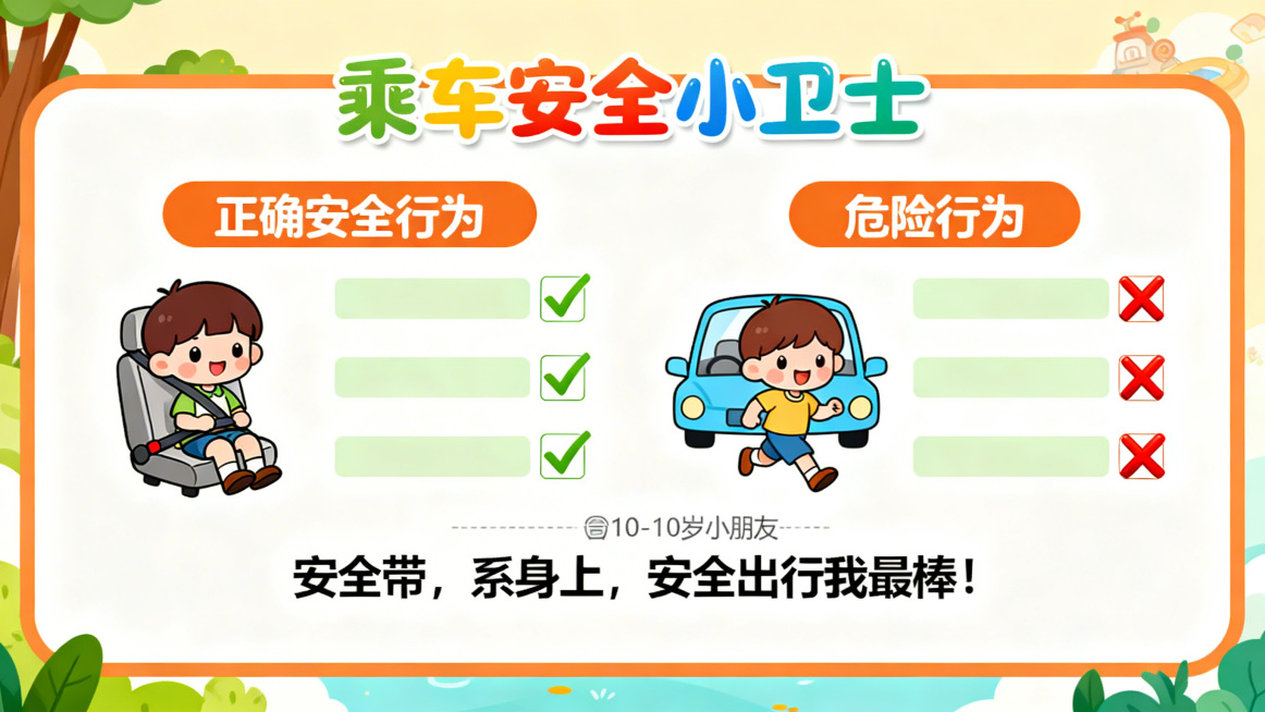 卡通风格PPT页面，主题是乘车安全小卫士，分别列出正确的安全行为和危险行为，配有对应的可爱卡通插图，安全行为旁打对勾，危险行为旁打叉，底部有儿歌“安全带，系身上，安全出行我最棒！”，整体色彩明亮，字体预览效果
