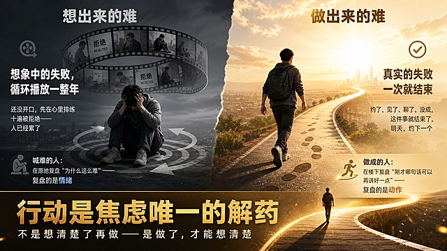 PPT横版商务励志风格图片，主题为"想象中的失败，可以循环播放一整年"。画面采用左右对比大构图：左侧是"想出来的难"区域，一个人抱头坐在原地，头顶有循环播放的电影胶片意象，胶片上是反复出现的被拒绝、失败的画面，配文字"想象中的失败，循环播放一整年"和"还没开口，先在心里排练十遍被拒绝——人已经累了"，下方有"喊难的人：在原地复盘'为什么这么难'——复盘的是情绪"，色调灰暗压抑，有循环箭头符号；右侧是"做出来的难"区域，同一个人在行动中前行，脚下是一步一步的脚印，前方道路逐渐开阔，配文字"真实的失败一次就结束"和"约了、见了、聊了。没成，这件事就结束了。明天，约下一个"，下方有"做成的人：在楼下复盘'刚才哪句话可以再讲好一点'——复盘的是动作"，色调明亮有力量。画面底部是总结区域，金色大字突出"行动是焦虑唯一的解药"，下方小字"不是想清楚了再做——是做了，才能想清楚"，配一条从左下向右上延伸的道路，路上有行走的人影。整体色调左侧冷灰、右侧暖金，底部金色总结区，商务大气有深度，适合PPT演示使用，无二维码占位。