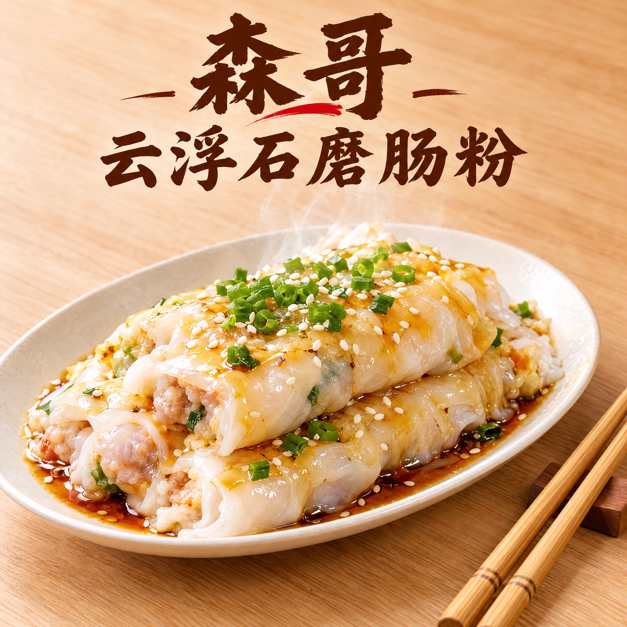 美食头像设计，店名"森哥云浮石磨肠粉"，画面中央是一碟刚蒸好的… - 图片创意预览