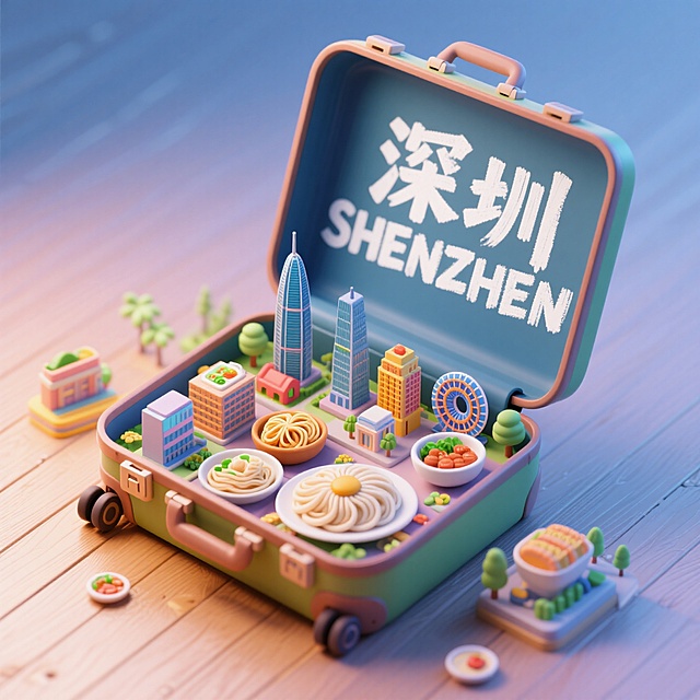 俯视图，一个打开的行李箱，行李箱内侧盖子写着“深圳SHENZHEN“，行李箱体里是平安金融中心、深圳之眼、肠粉等美食组成的3d微缩景观，行李箱被放在地板上